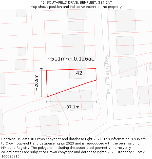 42, SOUTHFIELD DRIVE, BENFLEET, SS7 2NT: Plot and title map