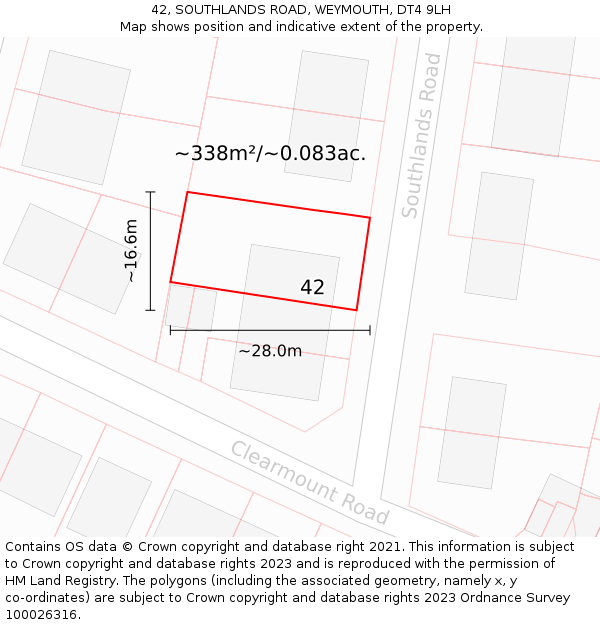 42, SOUTHLANDS ROAD, WEYMOUTH, DT4 9LH: Plot and title map