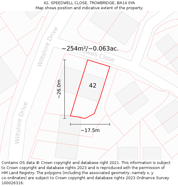 42, SPEEDWELL CLOSE, TROWBRIDGE, BA14 0YA: Plot and title map