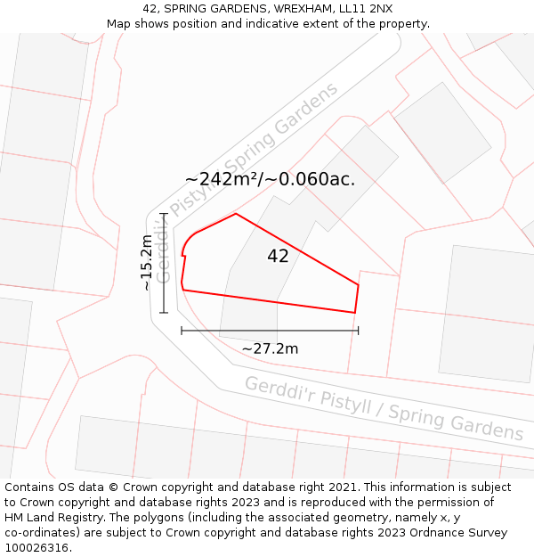 42, SPRING GARDENS, WREXHAM, LL11 2NX: Plot and title map