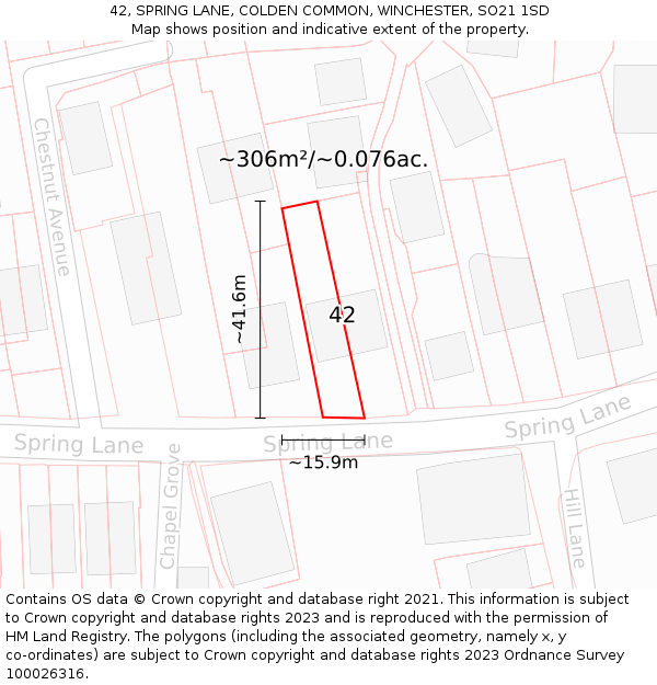 42, SPRING LANE, COLDEN COMMON, WINCHESTER, SO21 1SD: Plot and title map