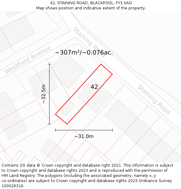 42, STAINING ROAD, BLACKPOOL, FY3 0AG: Plot and title map