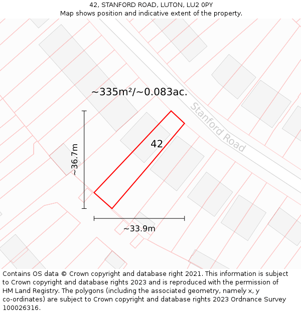 42, STANFORD ROAD, LUTON, LU2 0PY: Plot and title map