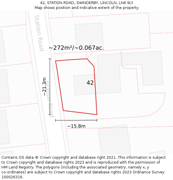 42, STATION ROAD, SWINDERBY, LINCOLN, LN6 9LY: Plot and title map