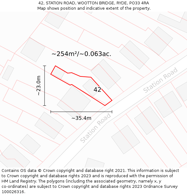 42, STATION ROAD, WOOTTON BRIDGE, RYDE, PO33 4RA: Plot and title map