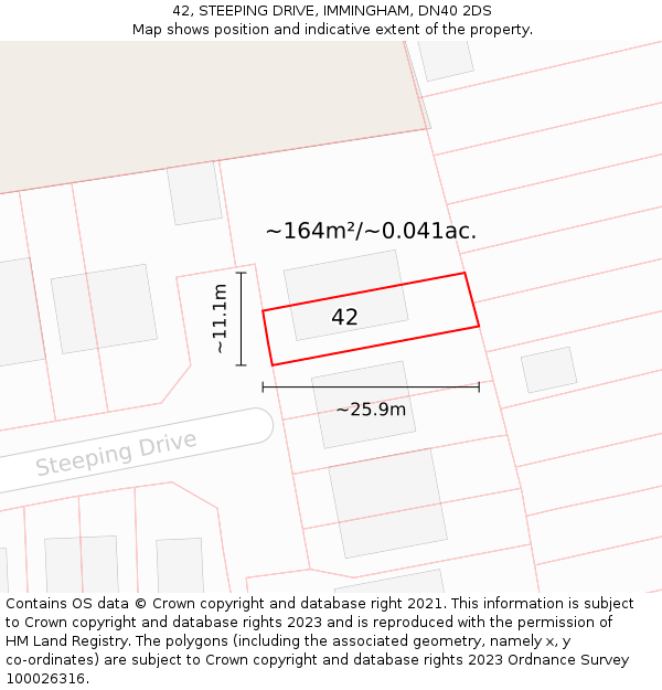 42, STEEPING DRIVE, IMMINGHAM, DN40 2DS: Plot and title map