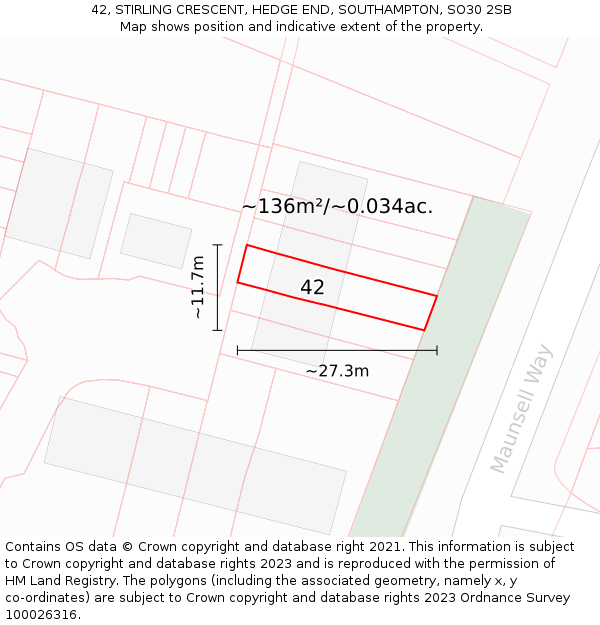 42, STIRLING CRESCENT, HEDGE END, SOUTHAMPTON, SO30 2SB: Plot and title map