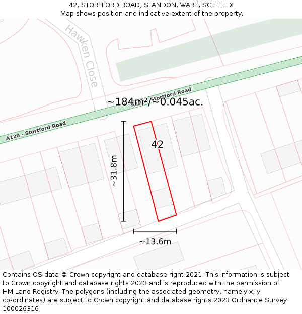 42, STORTFORD ROAD, STANDON, WARE, SG11 1LX: Plot and title map