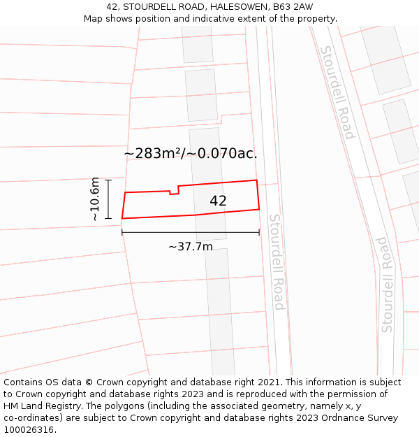 42, STOURDELL ROAD, HALESOWEN, B63 2AW: Plot and title map