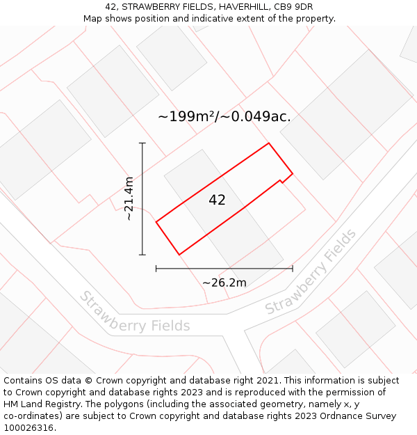 42, STRAWBERRY FIELDS, HAVERHILL, CB9 9DR: Plot and title map