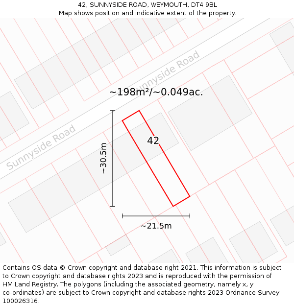 42, SUNNYSIDE ROAD, WEYMOUTH, DT4 9BL: Plot and title map