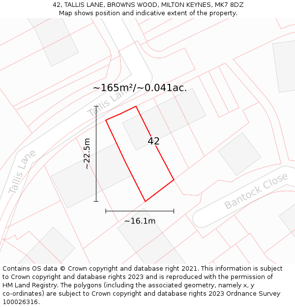 42, TALLIS LANE, BROWNS WOOD, MILTON KEYNES, MK7 8DZ: Plot and title map