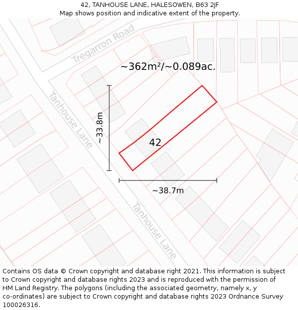 42, TANHOUSE LANE, HALESOWEN, B63 2JF: Plot and title map