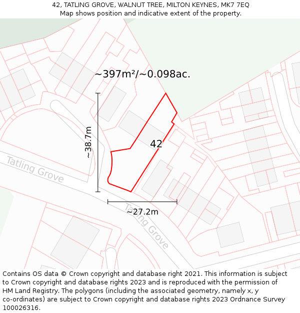 42, TATLING GROVE, WALNUT TREE, MILTON KEYNES, MK7 7EQ: Plot and title map