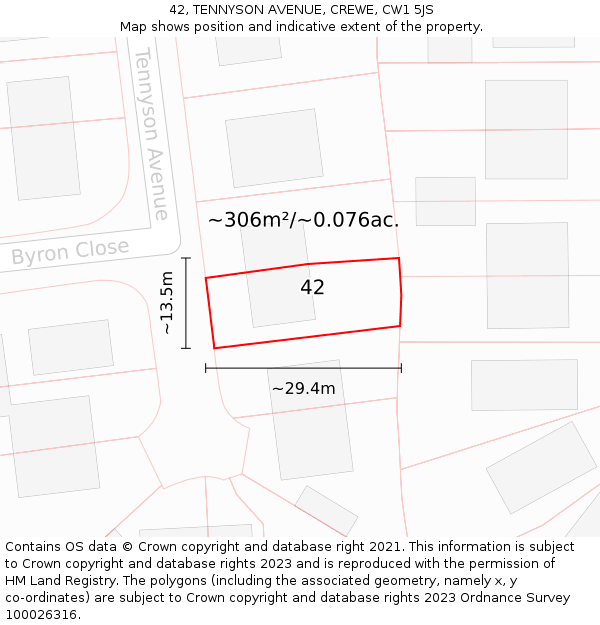 42, TENNYSON AVENUE, CREWE, CW1 5JS: Plot and title map