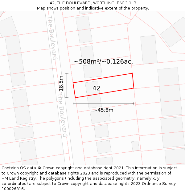 42, THE BOULEVARD, WORTHING, BN13 1LB: Plot and title map