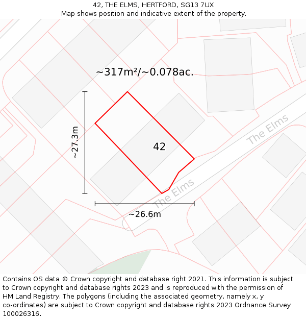 42, THE ELMS, HERTFORD, SG13 7UX: Plot and title map