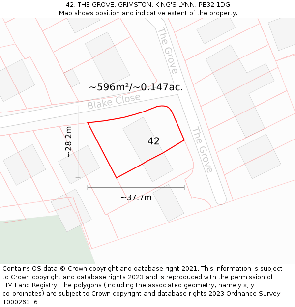 42, THE GROVE, GRIMSTON, KING'S LYNN, PE32 1DG: Plot and title map