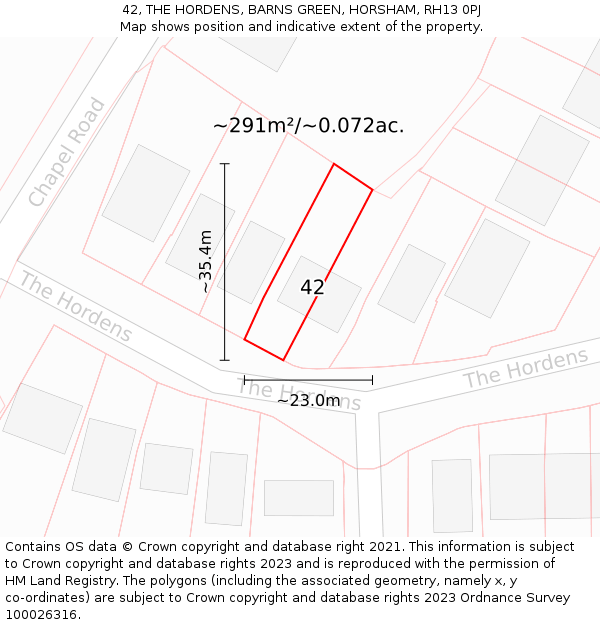 42, THE HORDENS, BARNS GREEN, HORSHAM, RH13 0PJ: Plot and title map