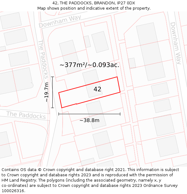 42, THE PADDOCKS, BRANDON, IP27 0DX: Plot and title map