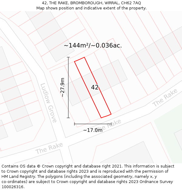 42, THE RAKE, BROMBOROUGH, WIRRAL, CH62 7AQ: Plot and title map