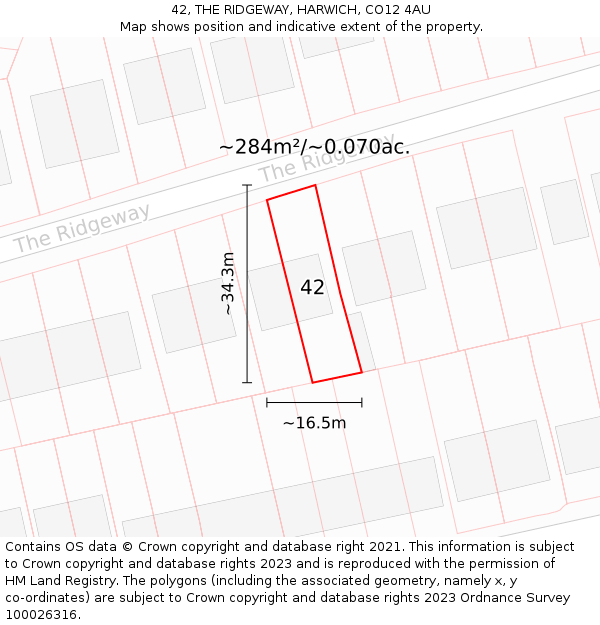 42, THE RIDGEWAY, HARWICH, CO12 4AU: Plot and title map