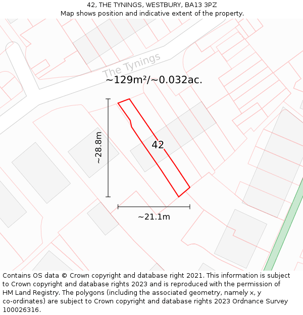 42, THE TYNINGS, WESTBURY, BA13 3PZ: Plot and title map