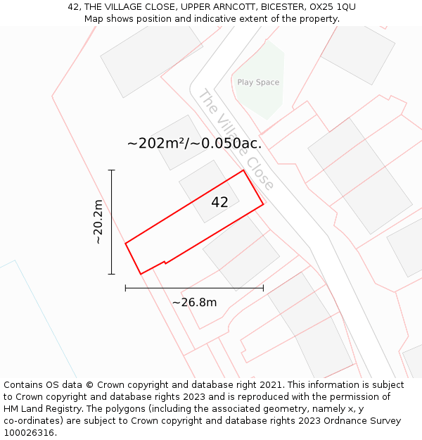 42, THE VILLAGE CLOSE, UPPER ARNCOTT, BICESTER, OX25 1QU: Plot and title map