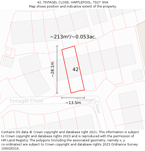 42, TINTAGEL CLOSE, HARTLEPOOL, TS27 3NA: Plot and title map