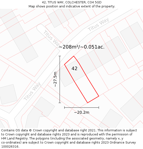 42, TITUS WAY, COLCHESTER, CO4 5GD: Plot and title map