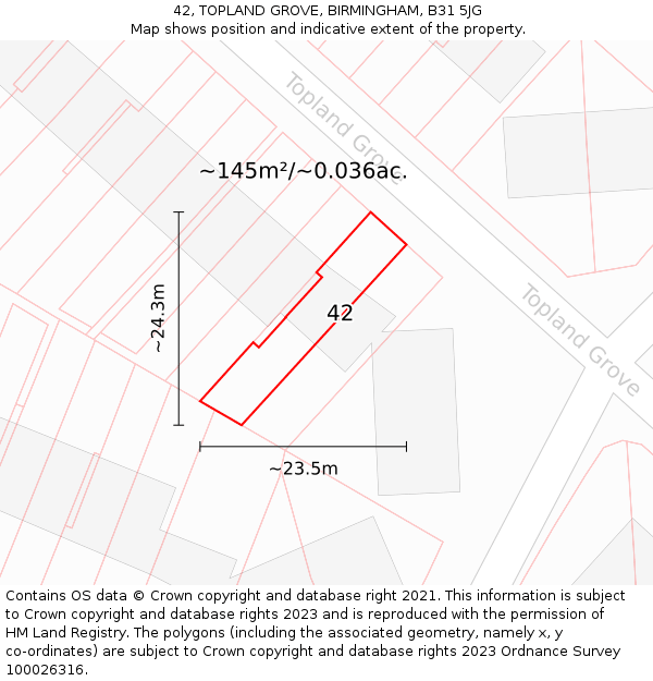 42, TOPLAND GROVE, BIRMINGHAM, B31 5JG: Plot and title map