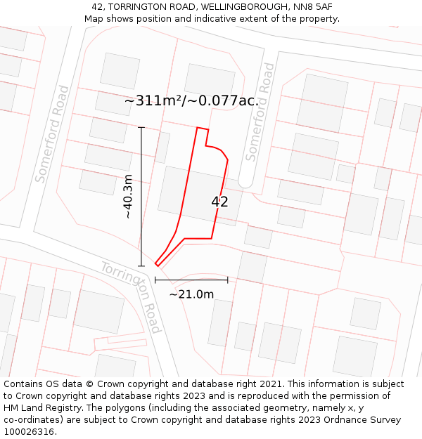 42, TORRINGTON ROAD, WELLINGBOROUGH, NN8 5AF: Plot and title map