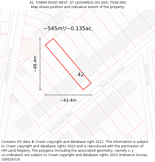 42, TOWER ROAD WEST, ST LEONARDS-ON-SEA, TN38 0RG: Plot and title map