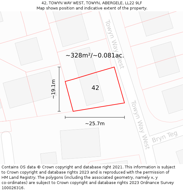 42, TOWYN WAY WEST, TOWYN, ABERGELE, LL22 9LF: Plot and title map