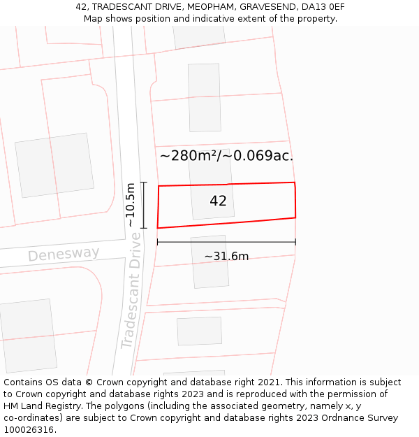 42, TRADESCANT DRIVE, MEOPHAM, GRAVESEND, DA13 0EF: Plot and title map