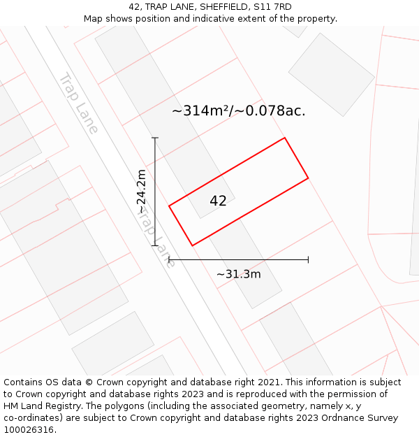 42, TRAP LANE, SHEFFIELD, S11 7RD: Plot and title map