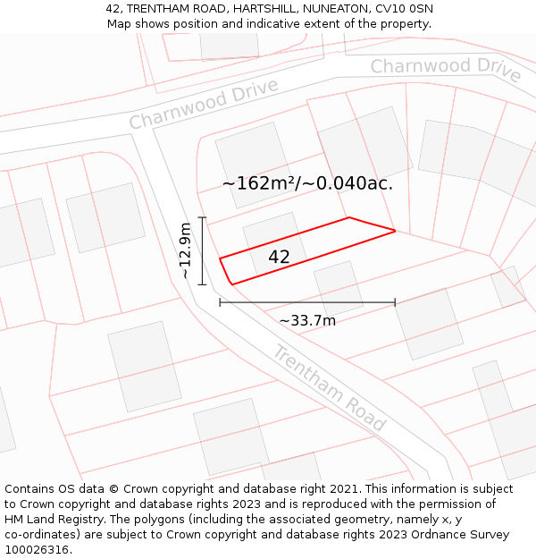 42, TRENTHAM ROAD, HARTSHILL, NUNEATON, CV10 0SN: Plot and title map