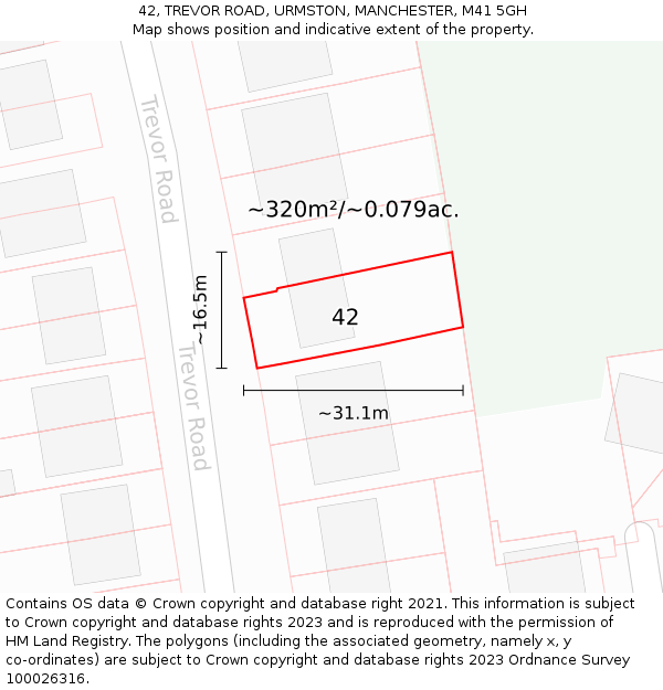 42, TREVOR ROAD, URMSTON, MANCHESTER, M41 5GH: Plot and title map