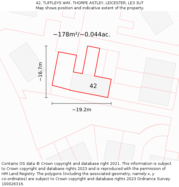 42, TUFFLEYS WAY, THORPE ASTLEY, LEICESTER, LE3 3UT: Plot and title map