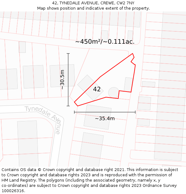 42, TYNEDALE AVENUE, CREWE, CW2 7NY: Plot and title map