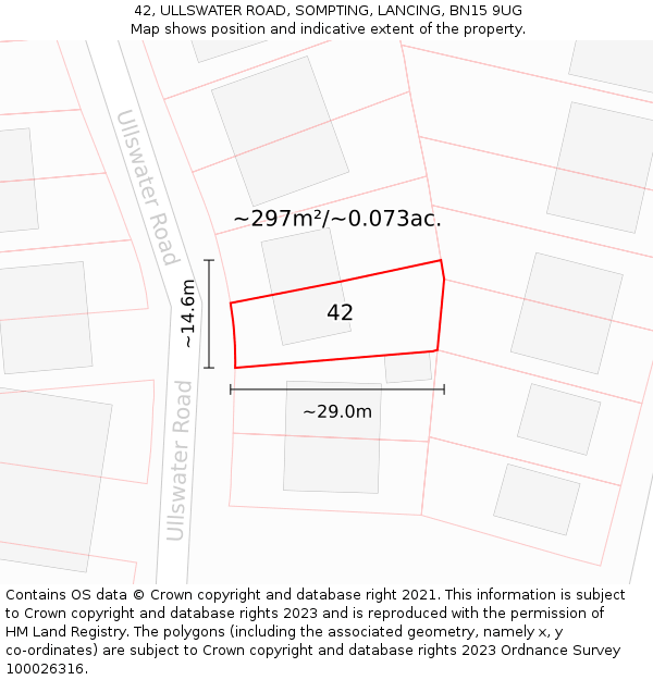 42, ULLSWATER ROAD, SOMPTING, LANCING, BN15 9UG: Plot and title map