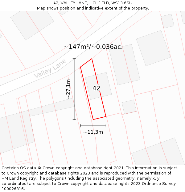 42, VALLEY LANE, LICHFIELD, WS13 6SU: Plot and title map