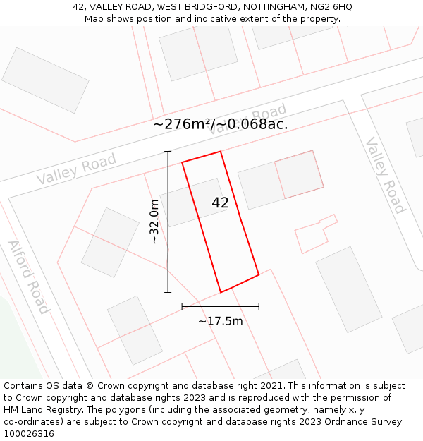 42, VALLEY ROAD, WEST BRIDGFORD, NOTTINGHAM, NG2 6HQ: Plot and title map