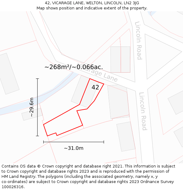 42, VICARAGE LANE, WELTON, LINCOLN, LN2 3JG: Plot and title map