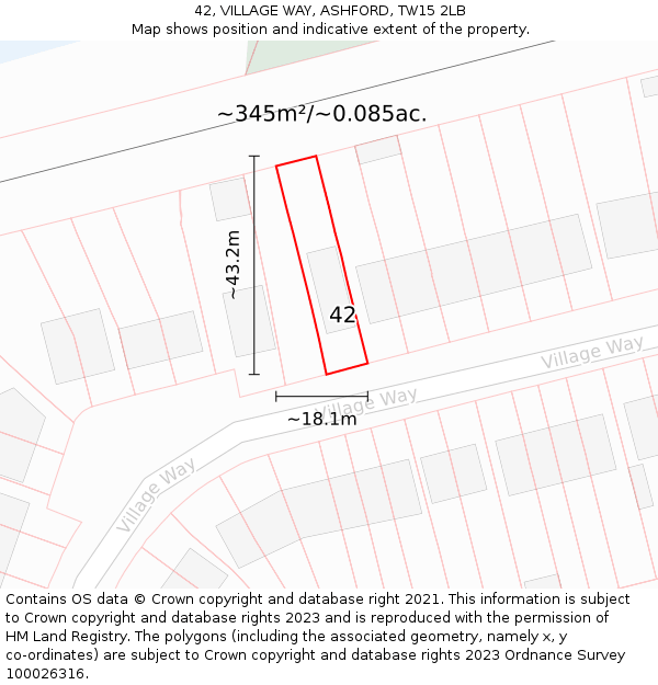 42, VILLAGE WAY, ASHFORD, TW15 2LB: Plot and title map