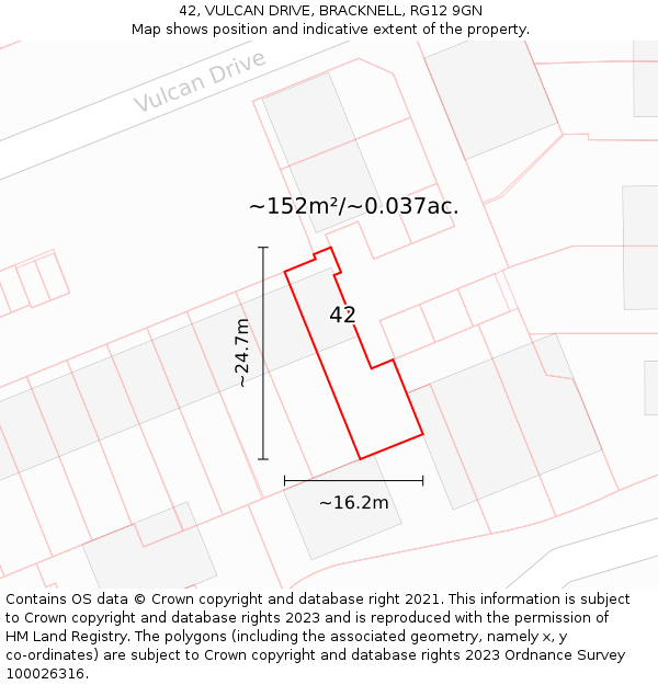 42, VULCAN DRIVE, BRACKNELL, RG12 9GN: Plot and title map