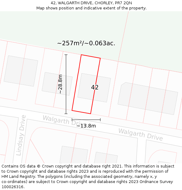 42, WALGARTH DRIVE, CHORLEY, PR7 2QN: Plot and title map