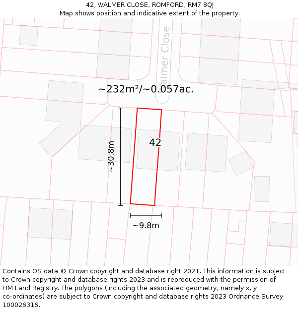 42, WALMER CLOSE, ROMFORD, RM7 8QJ: Plot and title map