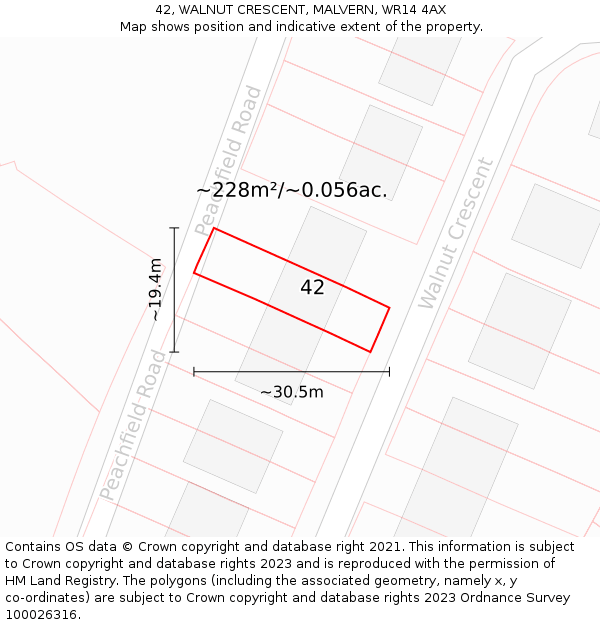 42, WALNUT CRESCENT, MALVERN, WR14 4AX: Plot and title map