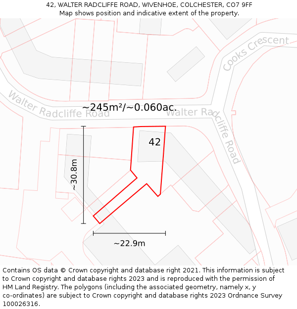 42, WALTER RADCLIFFE ROAD, WIVENHOE, COLCHESTER, CO7 9FF: Plot and title map